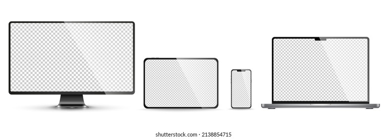 Device screen mockup. Smartphone, tablet, laptop and monoblock monitor, with blank screen for you design. PNG. Vector illustration	