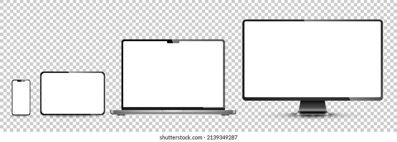 Device screen mockup. Smartphone, tablet, laptop and monoblock monitor, with blank screen for you design. PNG. Vector illustration	