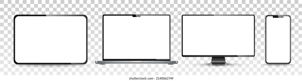 Device screen mockup. Smartphone, tablet, laptop and monoblock monitor, with blank screen for you design. PNG. Vector illustration	