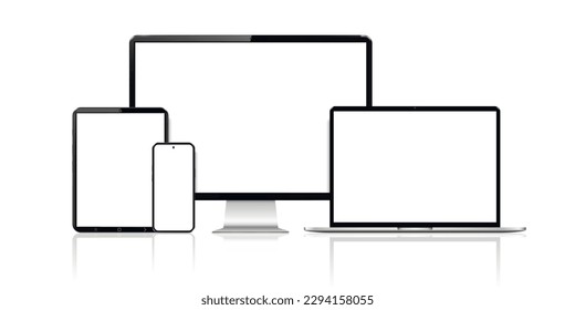 Gerätemonittel nach oben. Smartphone, Tablet, Laptop und Computerdisplay mit leerem Bildschirm.