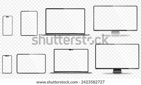 Device screen mockup. Smartphone, tablet, laptop and monoblock monitor, with blank screen for you design. Stock royalty free vector illustration. PNG