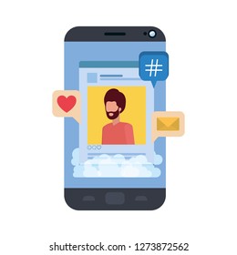 device screen with social network profile and speech bubble