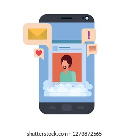 device screen with social network profile and speech bubble