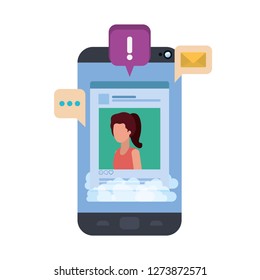 device screen with social network profile and speech bubble
