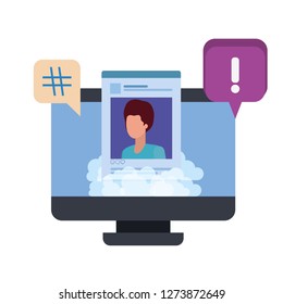 device screen with social network profile with speech bubble