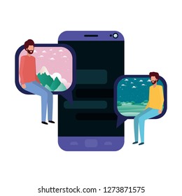 device screen with young couple sitting avatar character