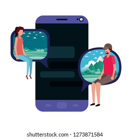 device screen with young couple sitting avatar character