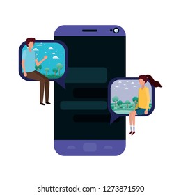device screen with young couple sitting avatar character