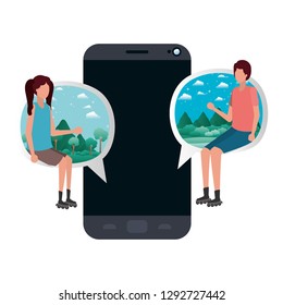 device screen with young couple sitting avatar character