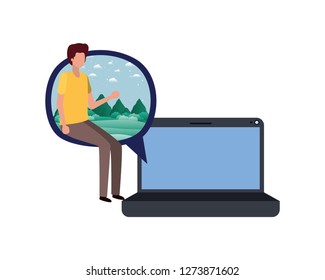 device screen with young man sitting avatar character