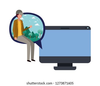 device screen with young man sitting avatar character