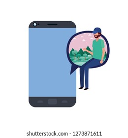 device screen with young man sitting avatar character
