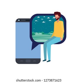 device screen with young man sitting avatar character