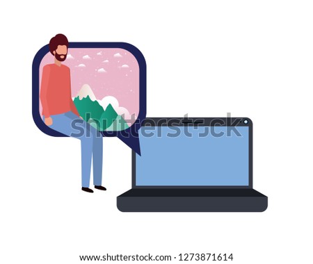 device screen with young man sitting avatar character