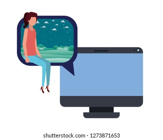 device screen with young woman sitting avatar character