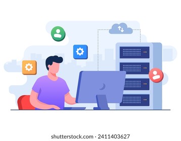 Dispositivo conectado de forma segura al centro de datos con tecnología de computación en la nube, transferencia de datos, seguridad cibernética, protección de datos personales, concepto vectorial de ilustración plana