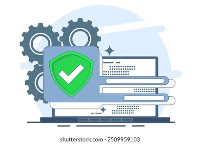 Concepto de seguridad del dispositivo con acceso a la Contraseña. Ventana analógica con pantalla de Inicio de sesión y escudo con bloqueo. Sistema que requiere Contraseña para el acceso. Ilustración vectorial plana sobre fondo.