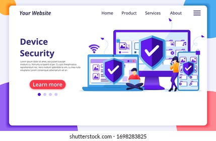Device security concept, People on giant gadget device with shield. Modern flat web page design for website and mobile website development. Vector illustration