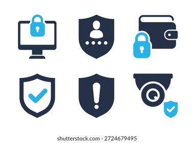 Conjunto de iconos de seguridad de dispositivos y cibervigilancia. Iconos de la serie de glifos sólidos