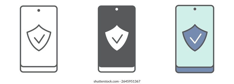 Coleção de ícones de segurança do dispositivo, segurança e proteção, smartphone com placa gráfica de conjunto vetorial de sinal de escudo, ícone linear de traço editável, eps 10
