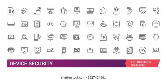 Conjunto de ícones de segurança do dispositivo. Proteger e proteger ícones de linha de defesa. Risco de segurança, Ícones de privacidade de segurança do computador e defesa.