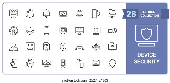 Conjunto de ícones de segurança do dispositivo. Proteger e proteger ícones de linha de defesa. Risco de segurança, Ícones de privacidade de segurança do computador e defesa.