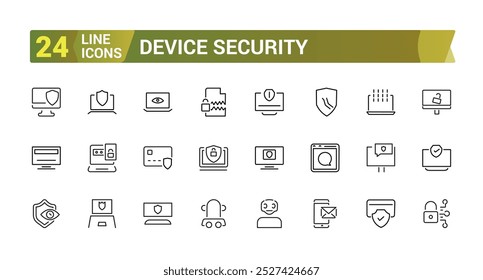 Conjunto de ícones de segurança do dispositivo. Proteger e proteger ícones de linha de defesa. Risco de segurança, Ícones de privacidade de segurança do computador e defesa.