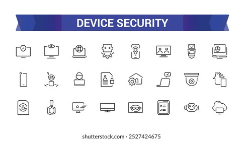 Conjunto de ícones de segurança do dispositivo. Proteger e proteger ícones de linha de defesa. Risco de segurança, Ícones de privacidade de segurança do computador e defesa.