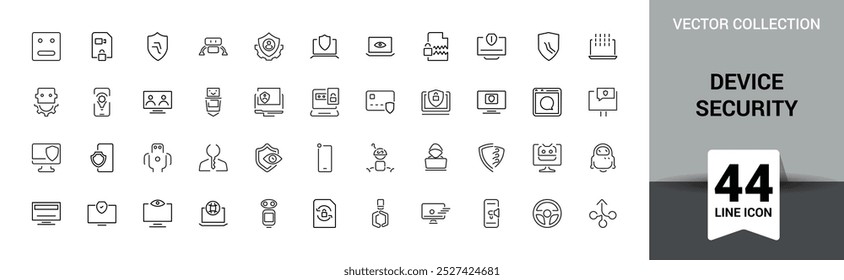 Conjunto de ícones de segurança do dispositivo. Proteger e proteger ícones de linha de defesa. Risco de segurança, Ícones de privacidade de segurança do computador e defesa.