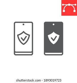 Device security line and glyph icon, security and protection, smartphone with shield sign vector graphics, editable stroke linear icon, eps 10