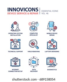 Device Service - modern vector line design icons set. Operating system installation, specialist, mobile, laptop repair, technical support, virus removing, internet setup, data recovery, diagnostic