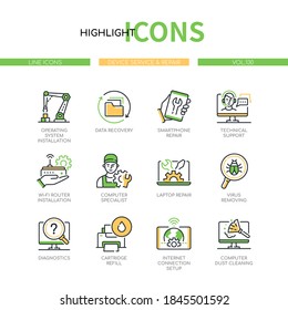 Device service and repair - modern line design style icons set. IT support, diagnostics and gadgets maintenance idea. Operating system installation, data recovery, computer specialist, virus removing