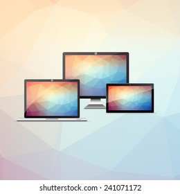 Device Set with colorful low polygon backgrounds,