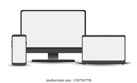 Conjunto de dispositivos: plantilla de escritorio, portátil y smartphone. Aparatos electrónicos aislados en fondo blanco. Ilustración vectorial realista.
