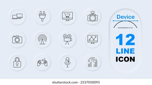 Device set icon. Camera, video camera, power plug, shopping cart, gaming controller, microphone, fingerprint, lock, signal tower, chart.