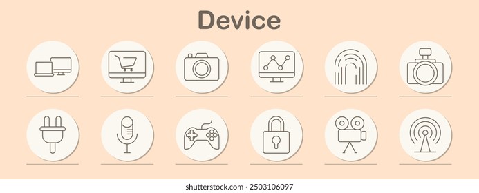 Device set icon. Computer, monitor, shopping cart, plug, antenna, camera, graph, game controller, microphone, lock, fingerprint, technology, electronics, security, online, network, media, digital