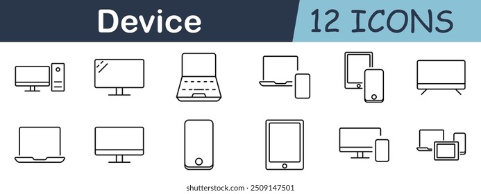 Device set icon. Desktop, monitor, laptop, tablet, smartphone, computer, screen, display, mobile, PC, technology, gadget, electronics, interface, internet, communication