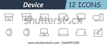 Device set icon. Laptop, desktop, smartwatch, stylus tablet, drawing pad, foldable screen, phone, monitor, and hybrid computer hardware types illustrated across 12 configurations.