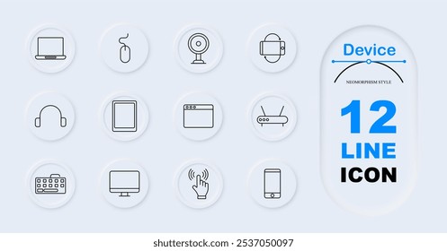 Icono de conjunto de dispositivos. Portátil, ratón, cámara web, reloj inteligente, auriculares, tableta, ventana del navegador, teclado, enrutador, escritorio, teléfono inteligente, tacto.