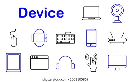Device set icon. Laptop, smartphone, tablet, keyboard, mouse, router, webcam, monitor, headphones, touch gesture, camera, plug, fingerprint, security, game controller, ecommerce, media, interface.