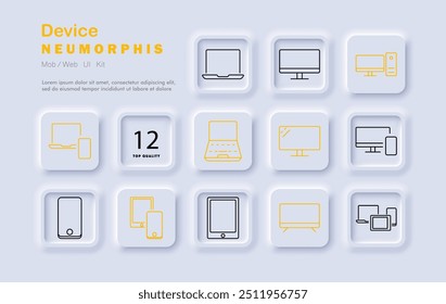 Device set icon. Laptop, smartphone, monitor, tablet, desktop, screen, display, electronics, gadgets, technology, mobile, computer, digital, neomorphic style, home office