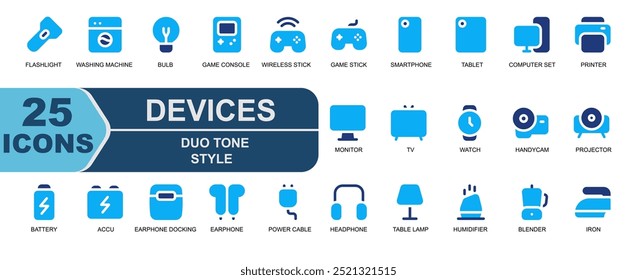 Icono de conjunto de dispositivos. Estilo de tono duo. Entre ellos teléfono celular, tableta, equipo de computadora, computadora, impresora, monitor, pantalla, TV, reloj, reloj analógico, Handycam, proyector.
