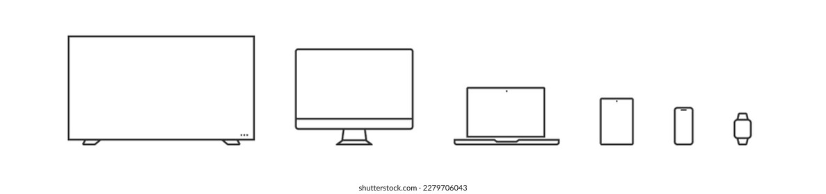 Device set line icons. Digital screen template: TV, computer, laptop, smartphone and smartwatch. Isolated vector flat technology illustration