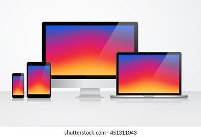 Device Set of Realistic Computer Monitor, Laptop, Tablets and Smartphone with Colorful Screen Isolated on White Background. Can Use for Template Presentation. Gadget Mock Up. Vector Illustration.