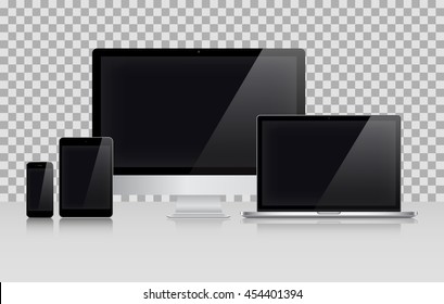 Device Set of Realistic Computer Monitor, Laptop, Tablets and Smartphone with Black Screen Isolated on Shadow. Can Use for Template Presentation. Gadget Mock Up. Vector Illustration.