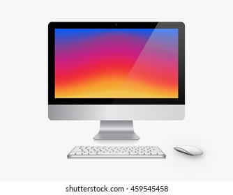 Device Set of Realistic Computer Monitor, Keyboard and Mouse with Colorful Screen Isolated on White Background. Can Use for Template Presentation. Gadget Mock Up. Vector Illustration.