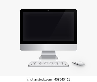 Device Set of Realistic Computer Monitor, Keyboard and Mouse with Black Screen Isolated on White Background. Can Use for Template Presentation. Gadget Mock Up. Vector Illustration.