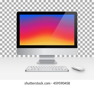 Device Set of Realistic Computer Monitor, Keyboard and Mouse with Colorful Screen Isolated. Can Use for Template Presentation. Gadget Mock Up. Vector Illustration.