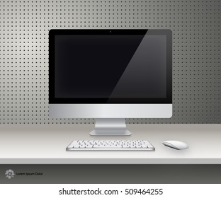 Device Set of Realistic Computer Monitor, Keyboard and Mouse with Black Screen Isolated on Metal Background. Can Use for Template Presentation. Gadget Mock Up. Vector Illustration.