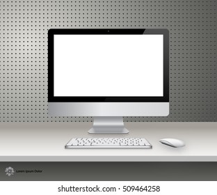 Device Set of Realistic Computer Monitor, Keyboard and Mouse with Blank Screen Isolated on Metal Background. Can Use for Template Presentation. Gadget Mock Up. Vector Illustration.